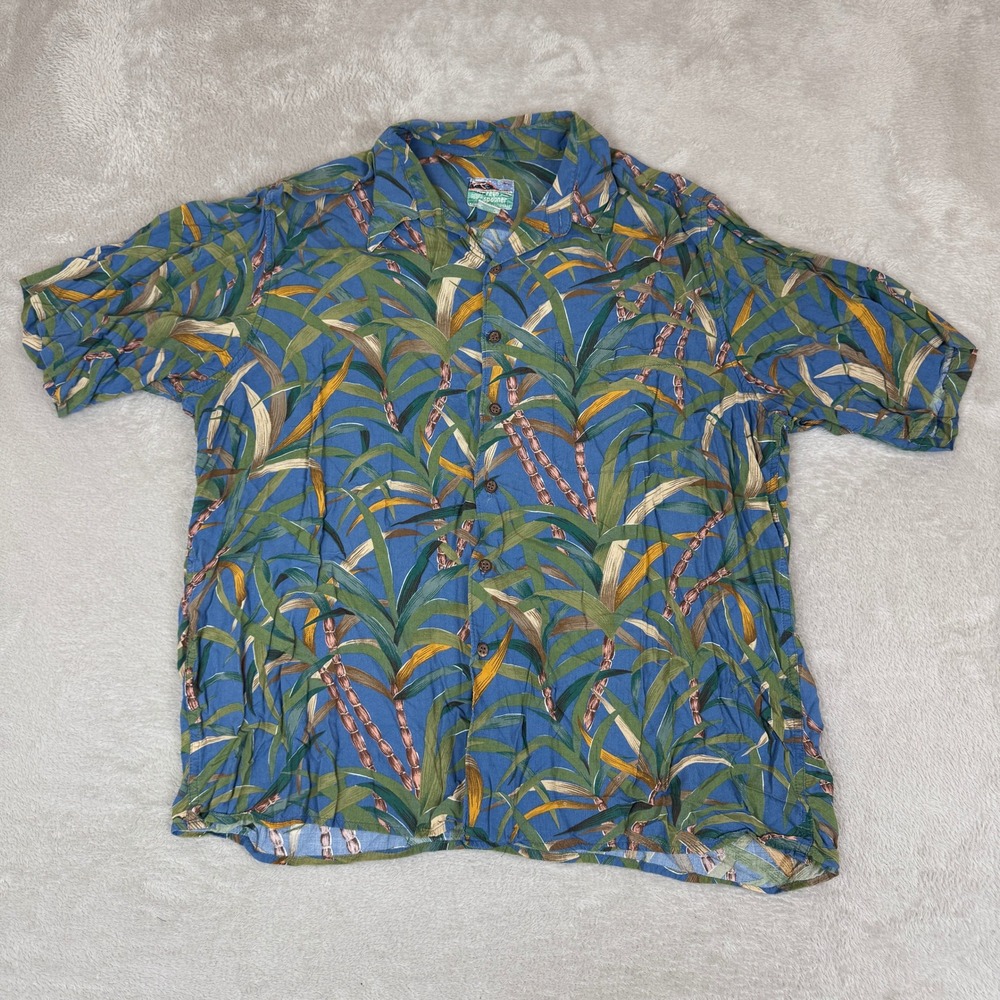 VTG Reyn Spooner Sugarcane Tree Hawaiian Button Up‎ Shirt Mens L Blue Preowned